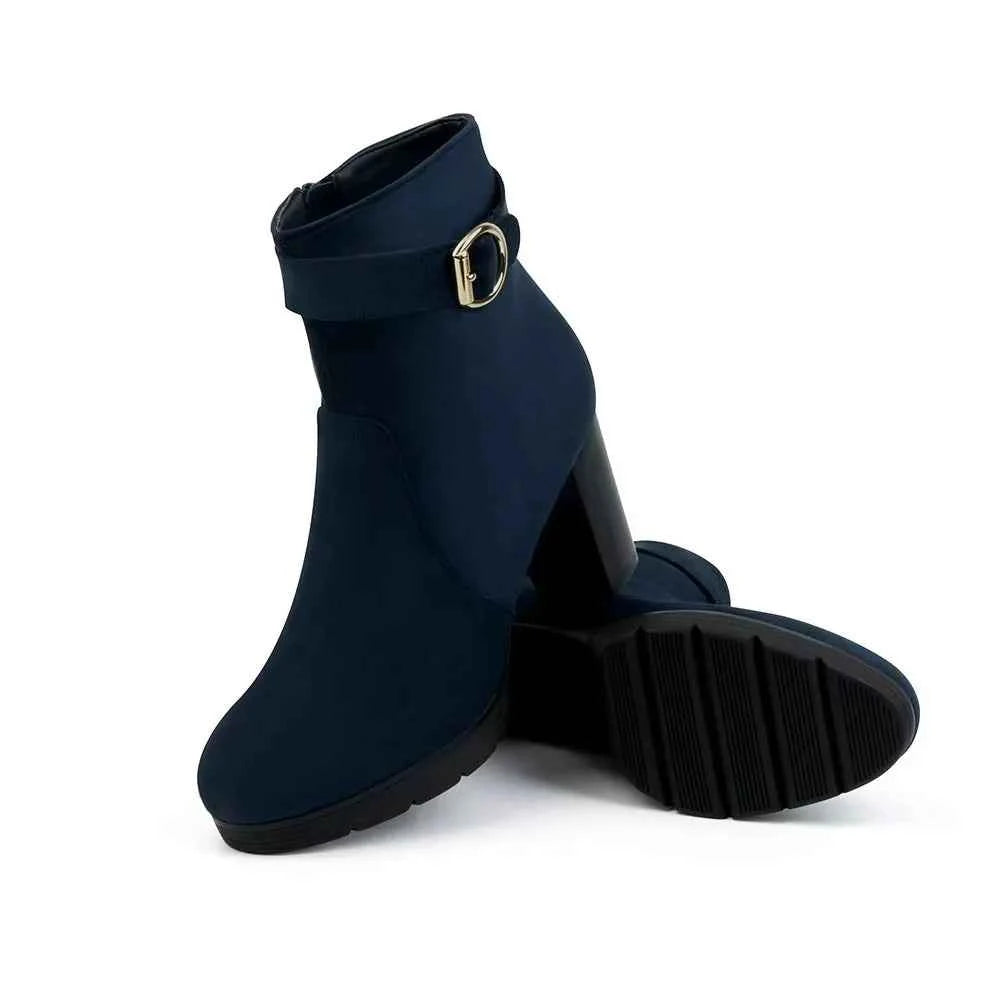Women's Black Suede Ankle Boots with Gold Buckle Detail Navy