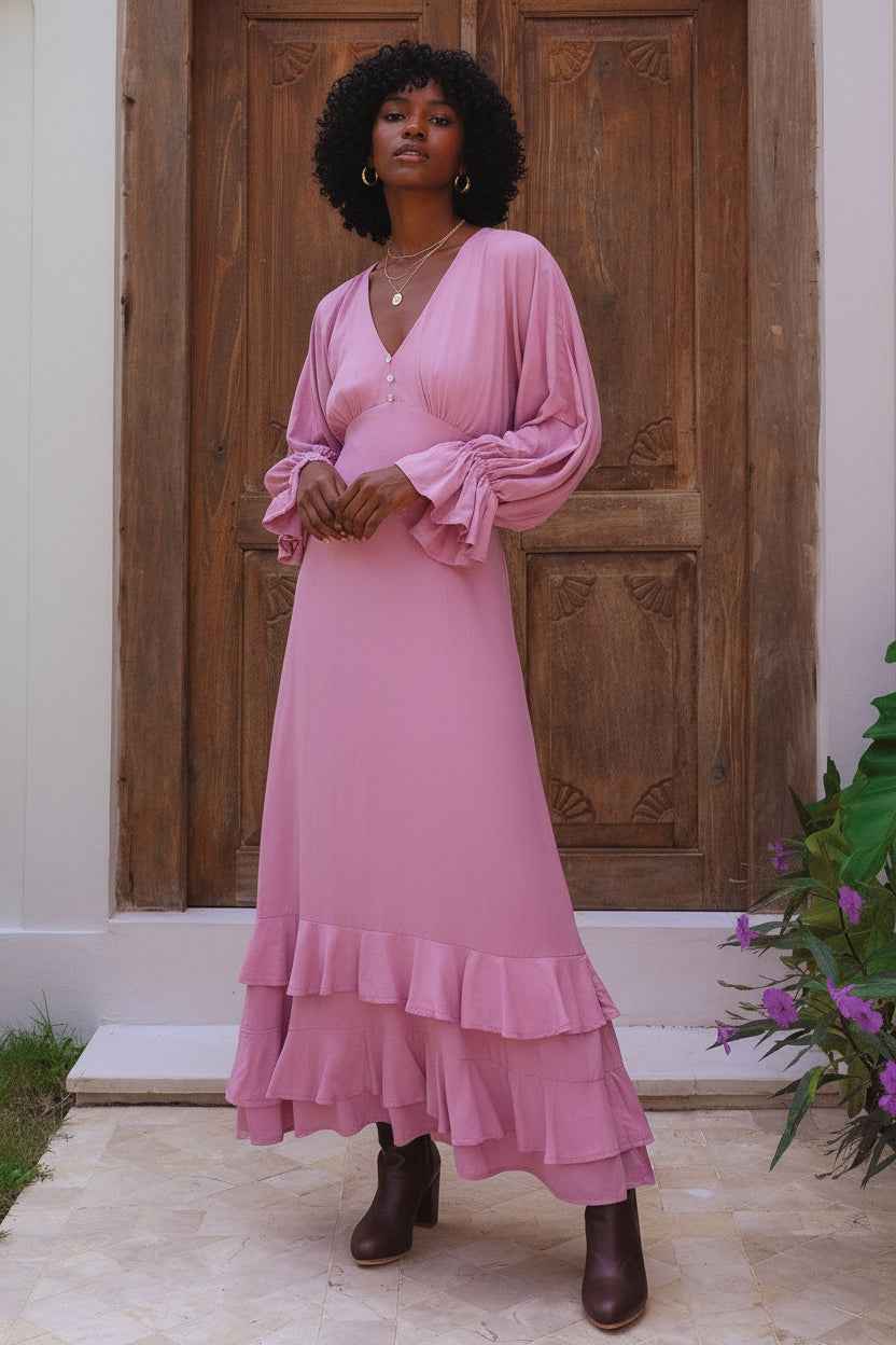 Ava Long Sleeve Ruffle Maxi Dress - Empire Waist Maxi
