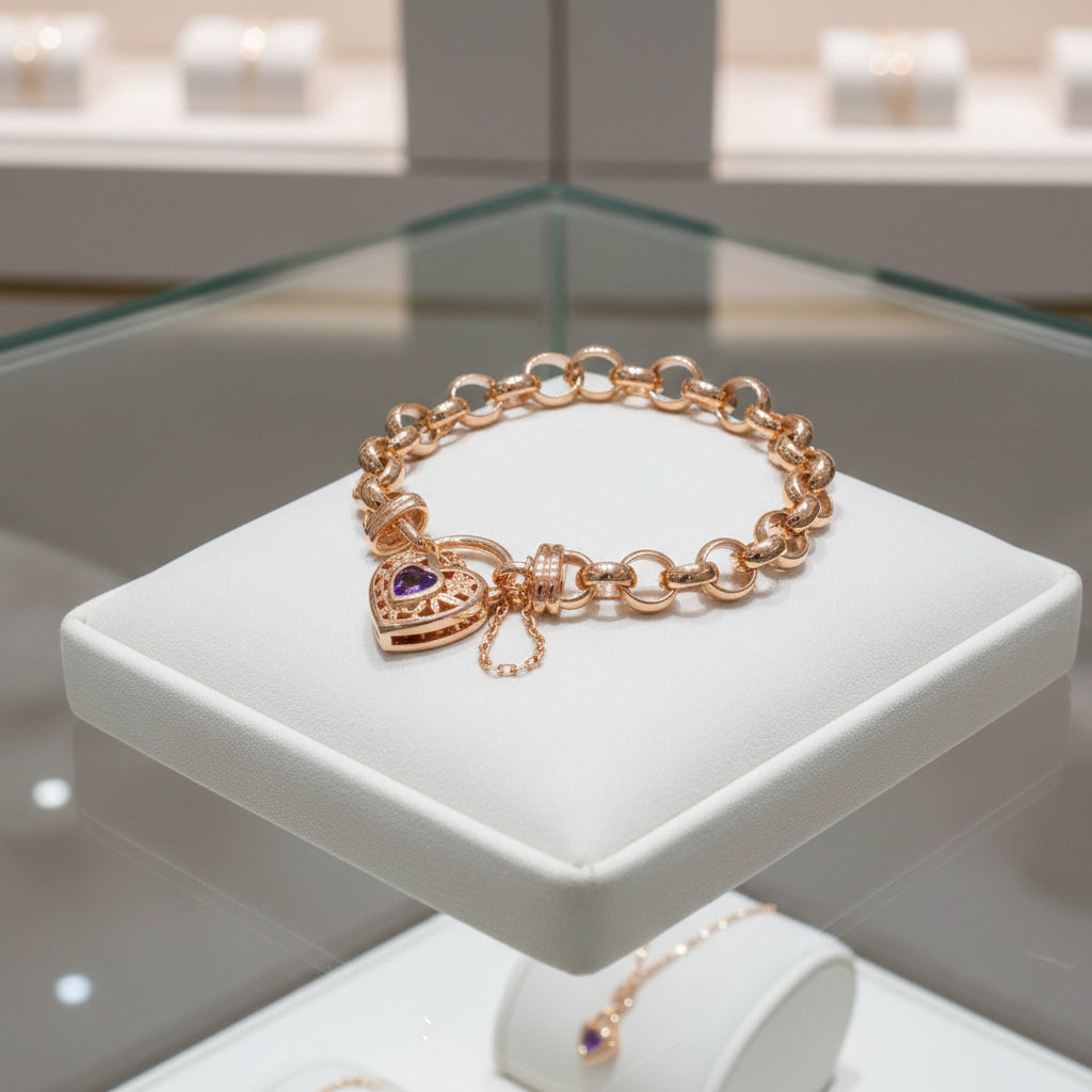 Rose Gold Plated Belcher Chain Bracelet with Purple Filigree Locket | USA Made