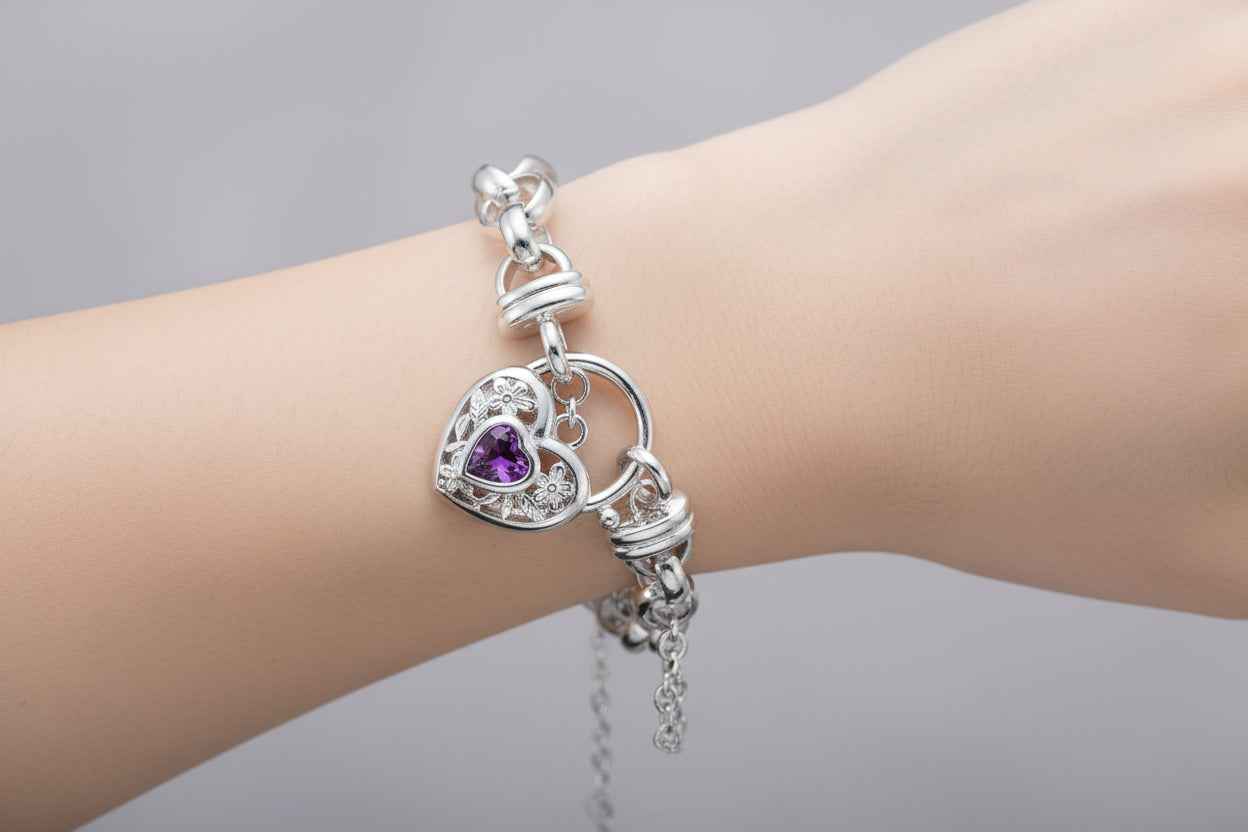 Sterling Silver Belcher Chain Bracelet with Purple Filigree Locket