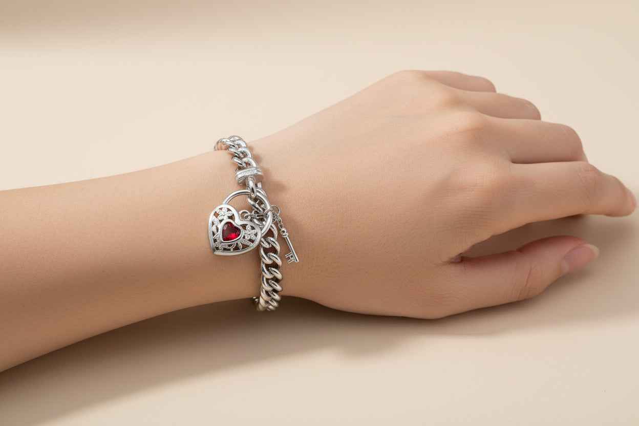 925 Sterling Silver Plated Euro Chain Bracelet with Filigree Locket & Simulated Ruby | USA Made