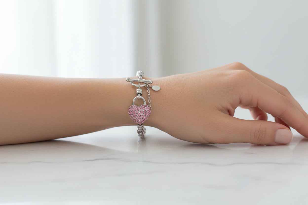 Sterling Silver Heart Locket Bracelet with Pink Swarovski Crystals