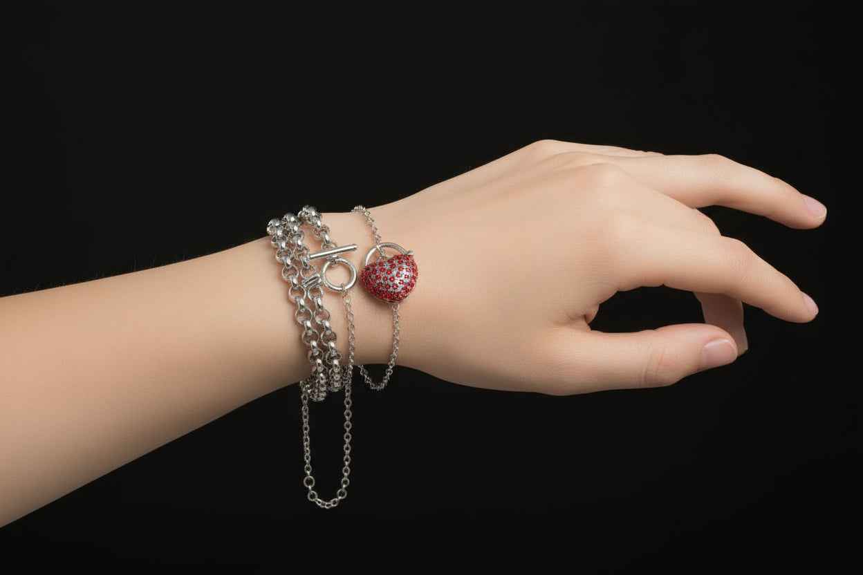 925 Sterling Silver Heart Locket Bracelet | 44 Red SWAROVSKI® Crystals | 7.5" Chain