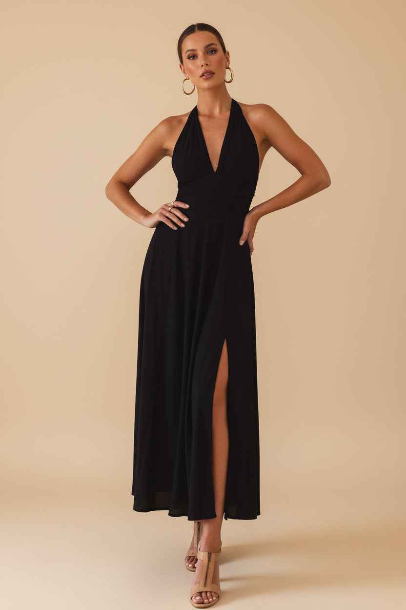 Costa Brava Halterneck Maxi Dress - Floral Halter Maxi Black
