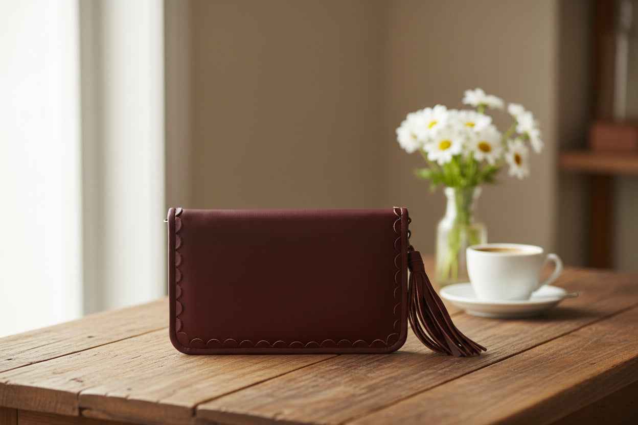 Demure Leather Clutch Wallet - Scalloped Edge Design Vintage Brown