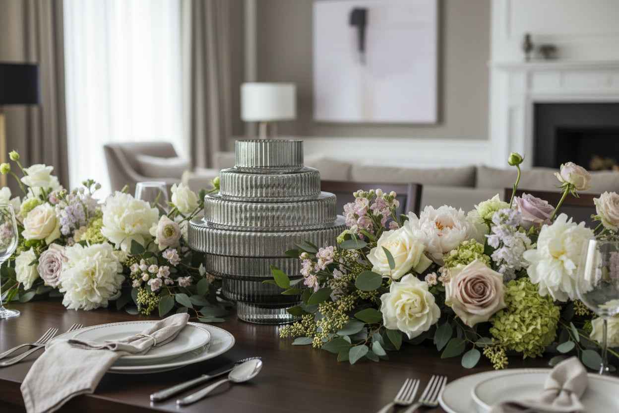 Ribbed Layered Wide Glass Vase - Medium - Grey