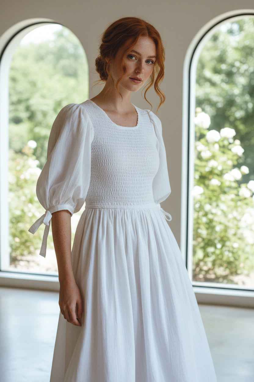 Freya Smocked Linen Midi Dress - Elegant Puff Sleeve Summer Dress White