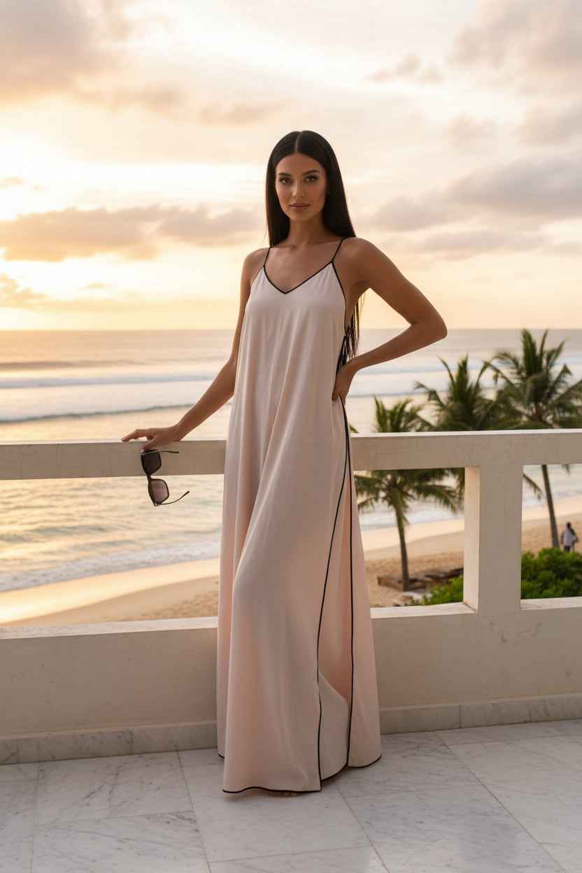 Gabriella Open Back Slip Dress - Organic Cotton Maxi Dress with Tie Straps