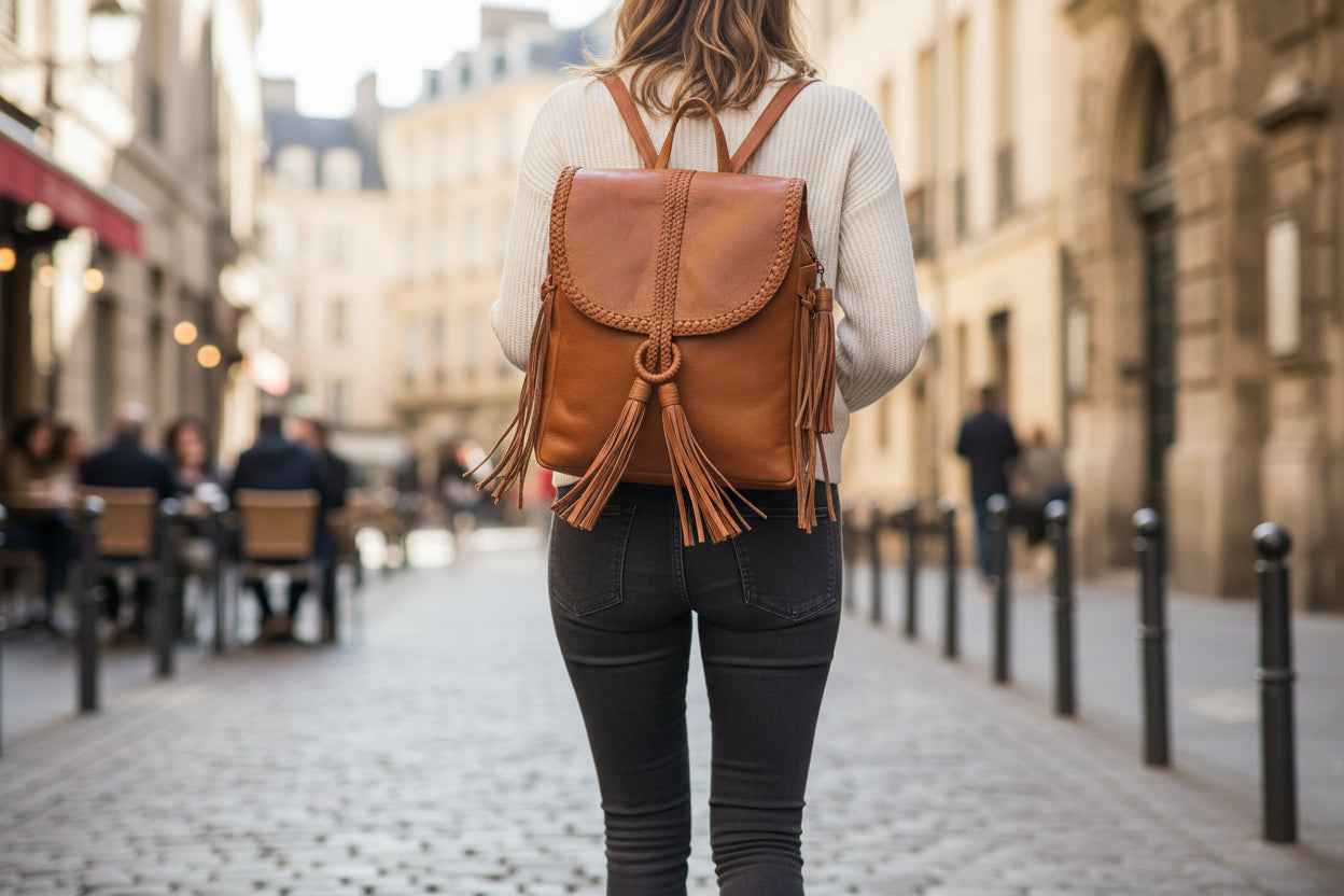 Sandy Bay Leather Backpack - Handmade Boho Fringe Backpack from Bali Golden Tan Plain Lining