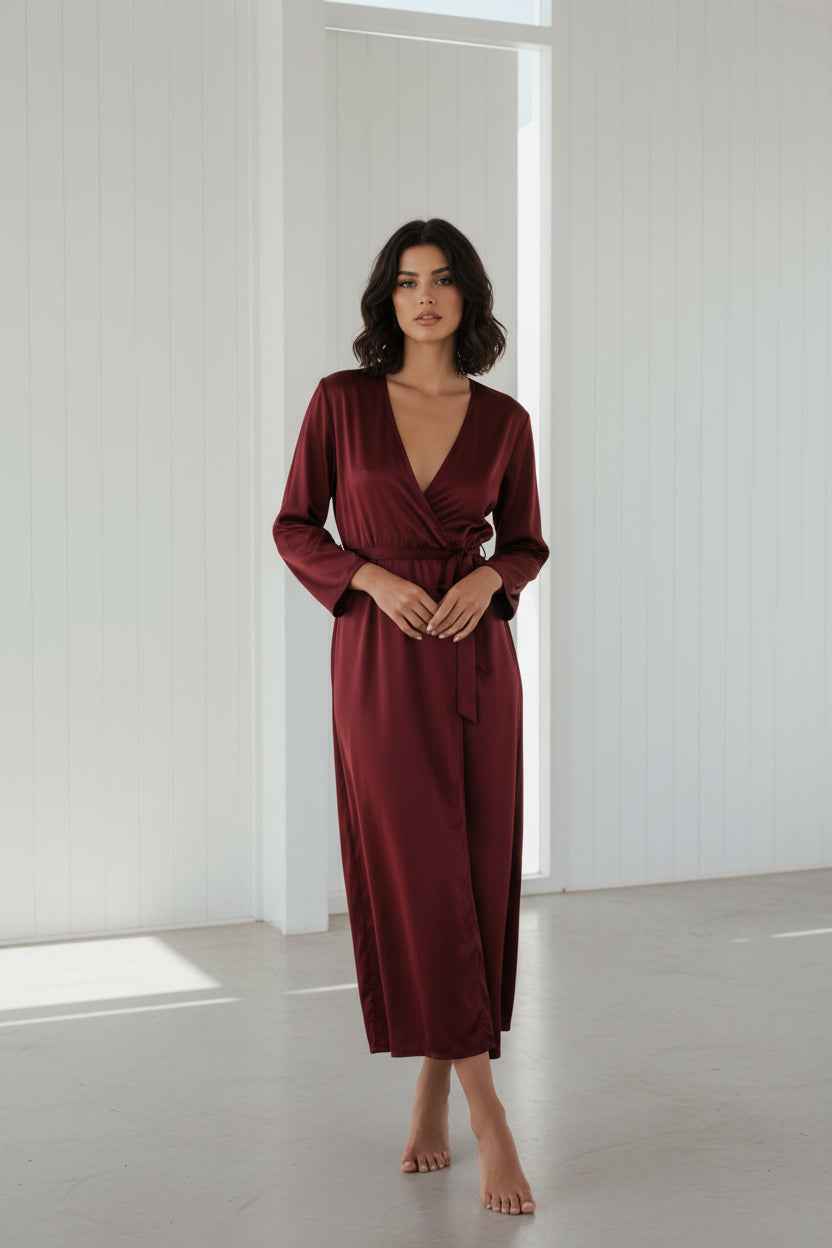 Greta Long Sleeve Midi Dress - Elegant V-Neck Rayon Dress with Side Slit Maroon plain