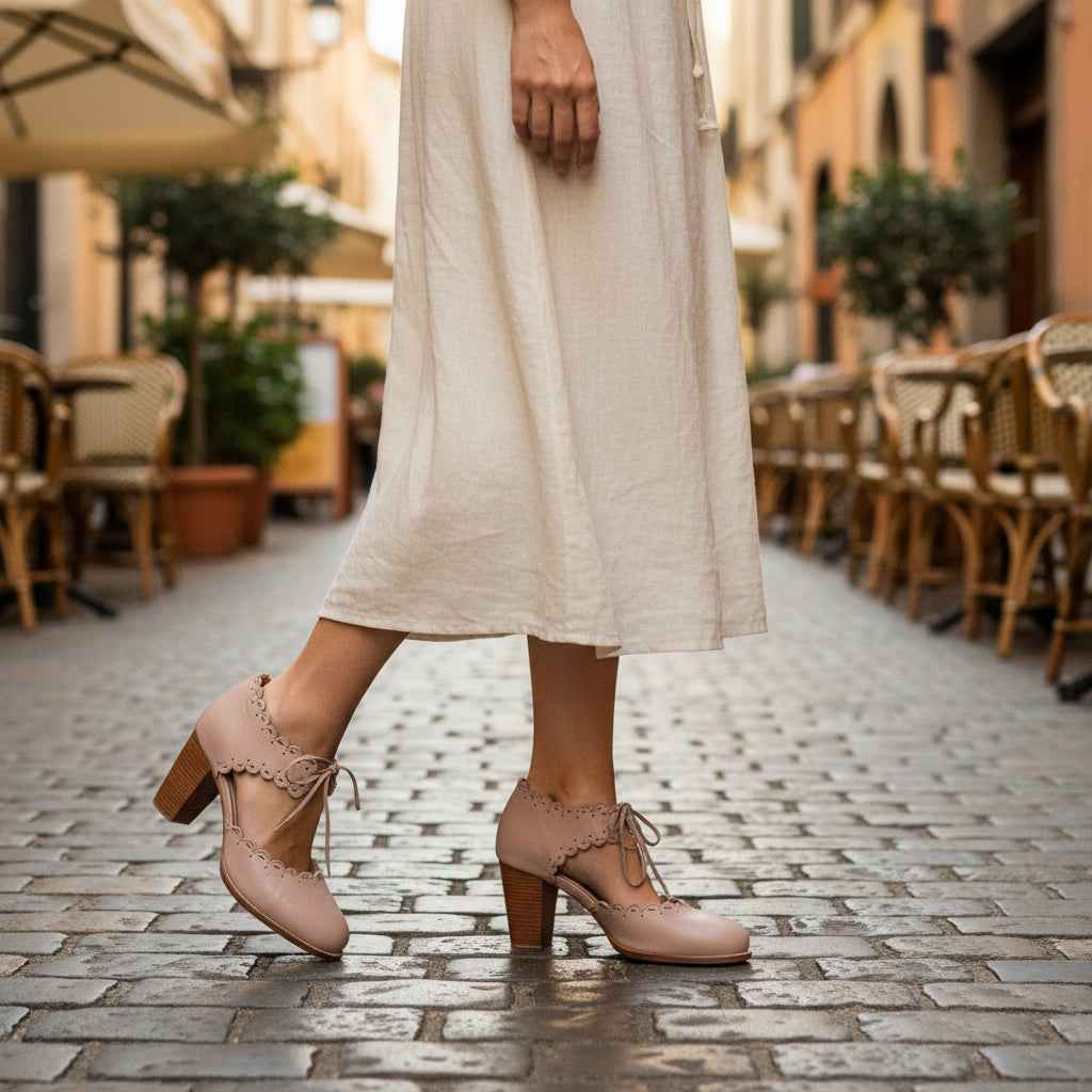 Dance Queen Heels - Scalloped Leather Block Heel Pumps with Cut-Outs