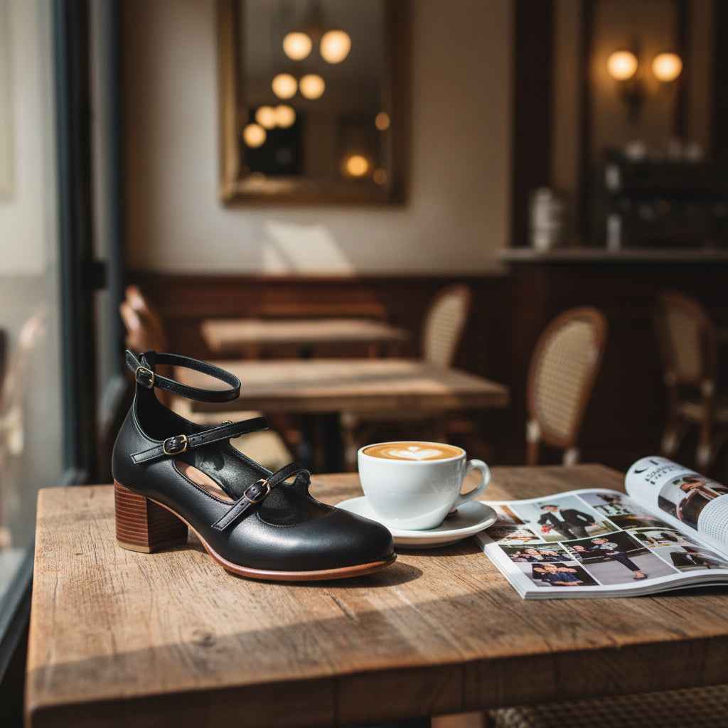 Jardin Block Heel Leather Pumps - Handmade Almond Toe Heels with Adjustable Straps