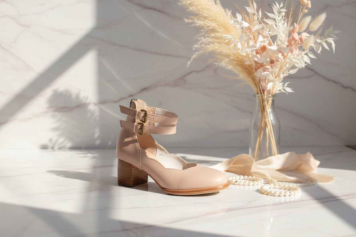 Lily Valley Leather Heels - Handmade Scallop Accent Pumps Ivory