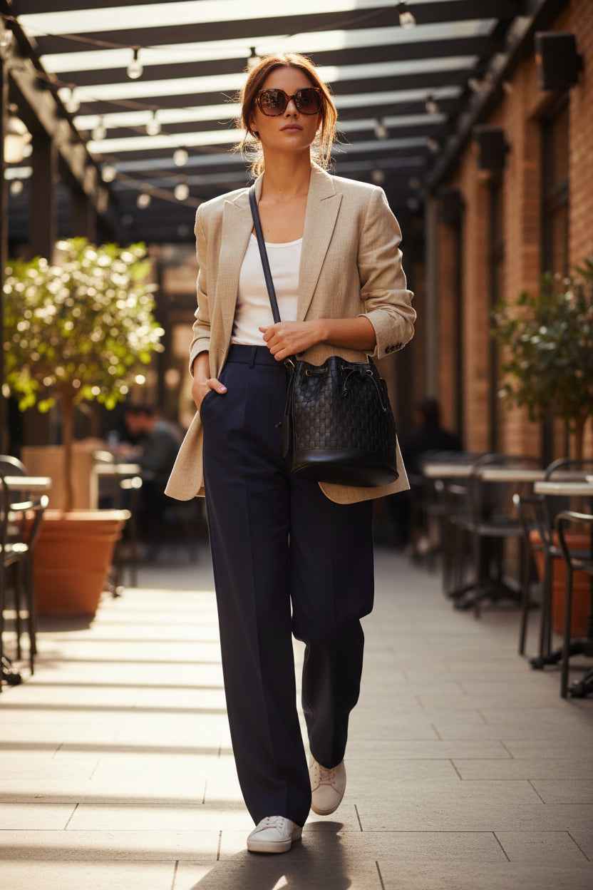 Margo Woven Leather Bucket Bag - Handmade Drawstring Crossbody Bag Black Plain Lining