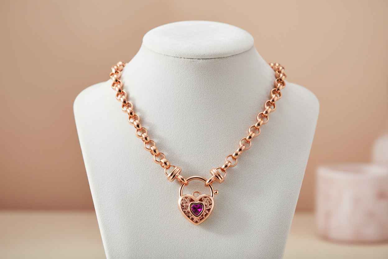 18ct Heavy Rose Gold Plated Belcher Chain Necklace with Filigree Locket & Simulated Ruby | USA Made