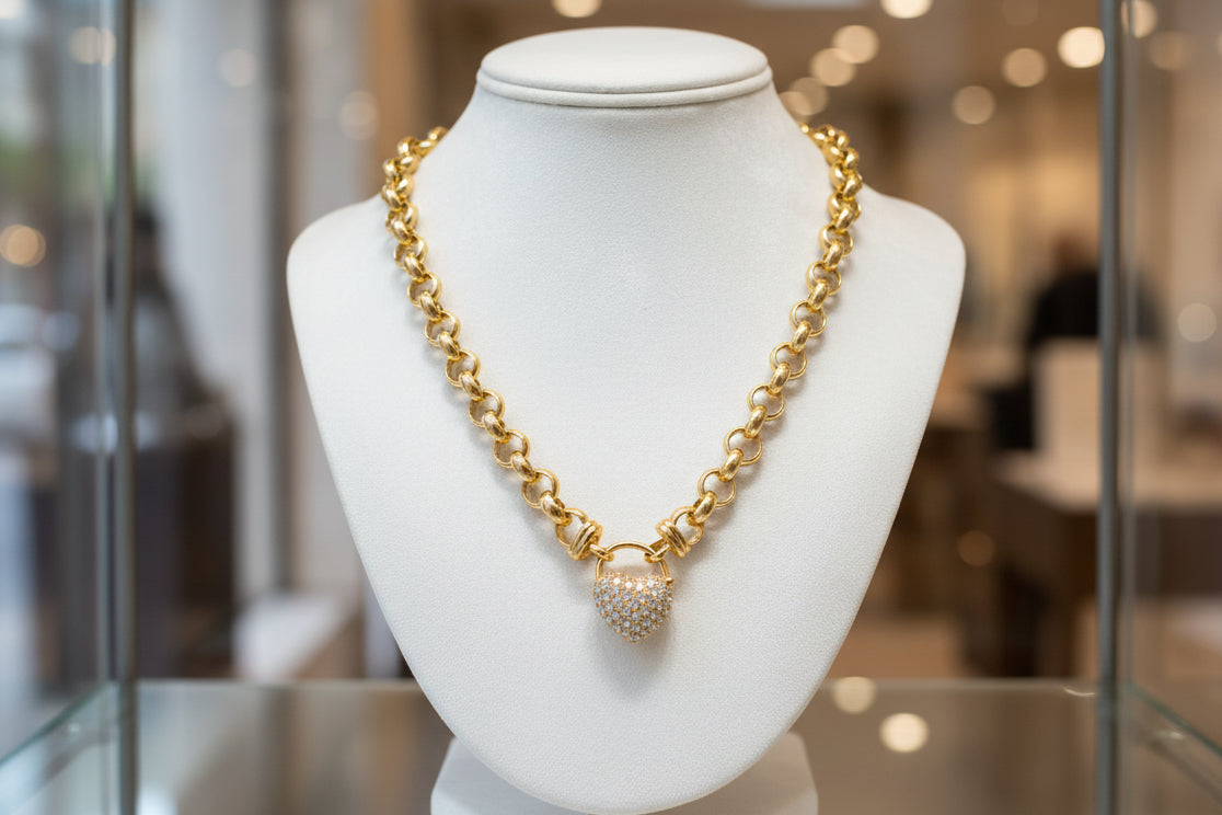 18ct Yellow Gold Plated Belcher Chain Necklace with Simulated Diamond Locket - USA Made 20 Inch (50.8 cm)