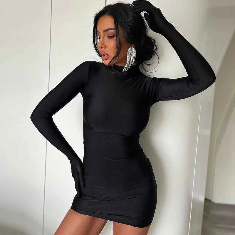 Black Turtleneck Bodycon Mini Dress with Glove Sleeves