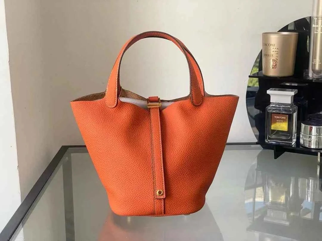 Luxury Leather Bucket Bag - Soft Cowhide Handbag