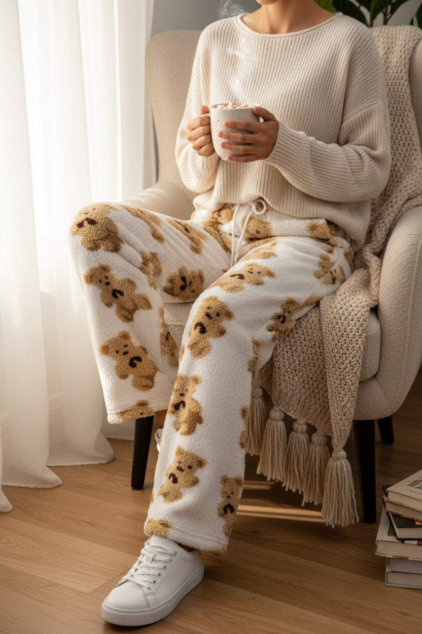 Women's Print Wide Leg Lounge Pants - Elastic Waist Drawstring Casual Trousers White w brown bears