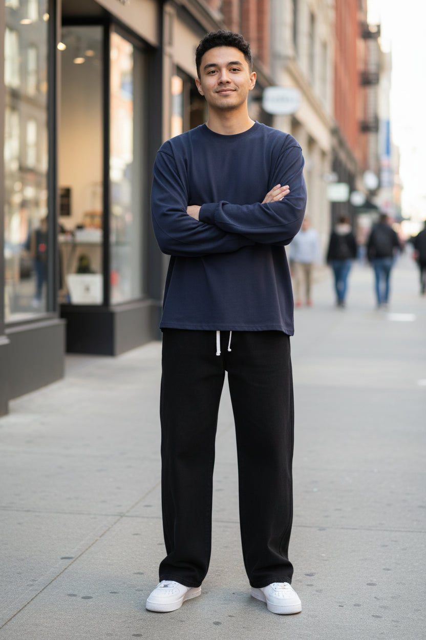 Men's Baggy Jeans - Korean Fashion Elastic Waist Wide Leg Denim Pants Black