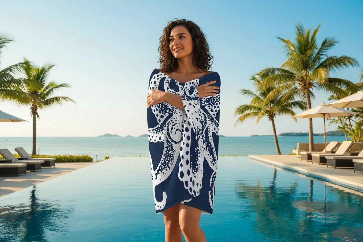 Premium Microfiber Beach Towel - Blue Octopus Nautical Design
