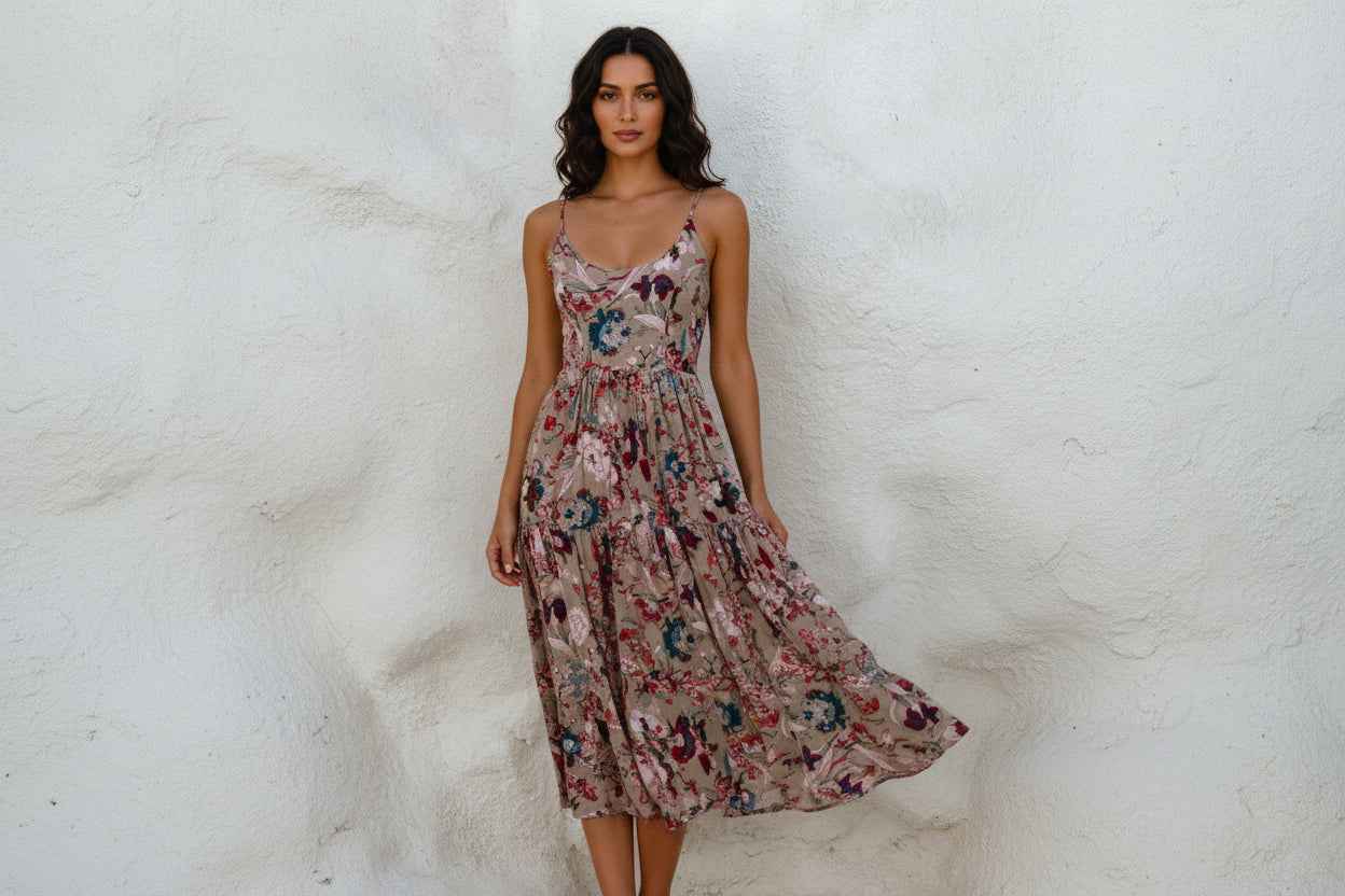 Sea Dreamer Strappy Midi Dress - Floral Print Summer Dress Grey Floral