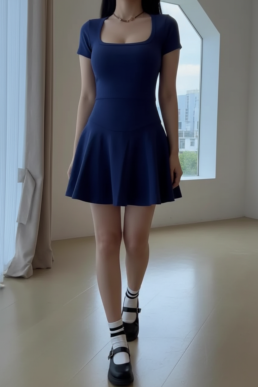 Women's Square Neck Bodycon Mini Dress - Short Sleeve Empire Waist Summer Dress