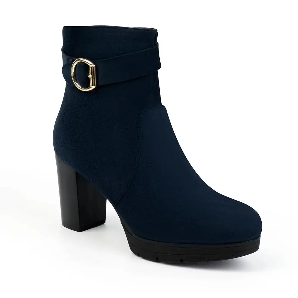 Women's Black Suede Ankle Boots - Chunky Block Heel with Gold Buckle (Stylish Ankle Boots with Side Zipper, Comfortable Low H