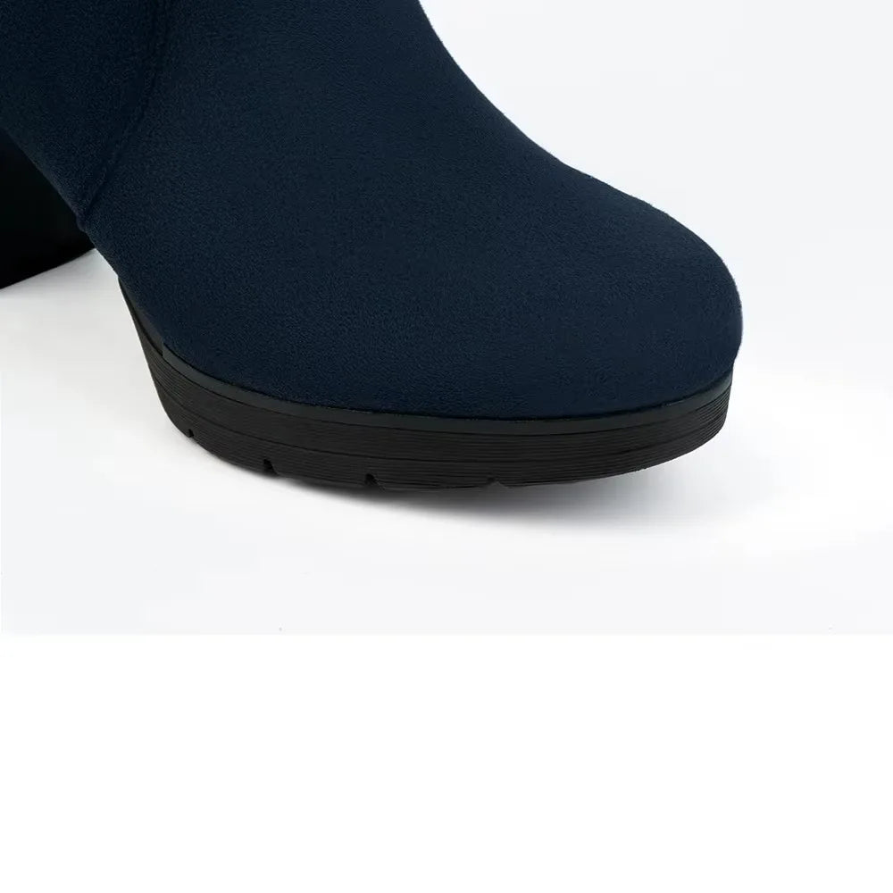 Women's Black Suede Ankle Boots - Chunky Block Heel with Gold Buckle (Stylish Ankle Boots with Side Zipper, Comfortable Low H