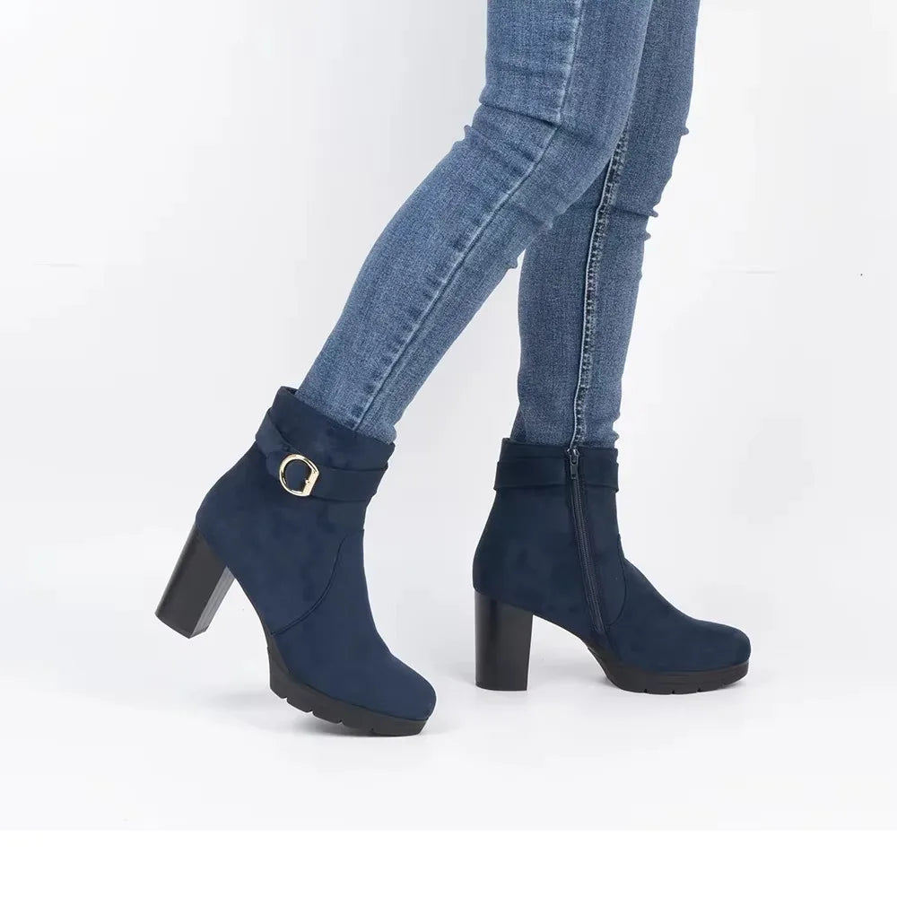 Women's Black Suede Ankle Boots - Chunky Block Heel with Gold Buckle (Stylish Ankle Boots with Side Zipper, Comfortable Low H