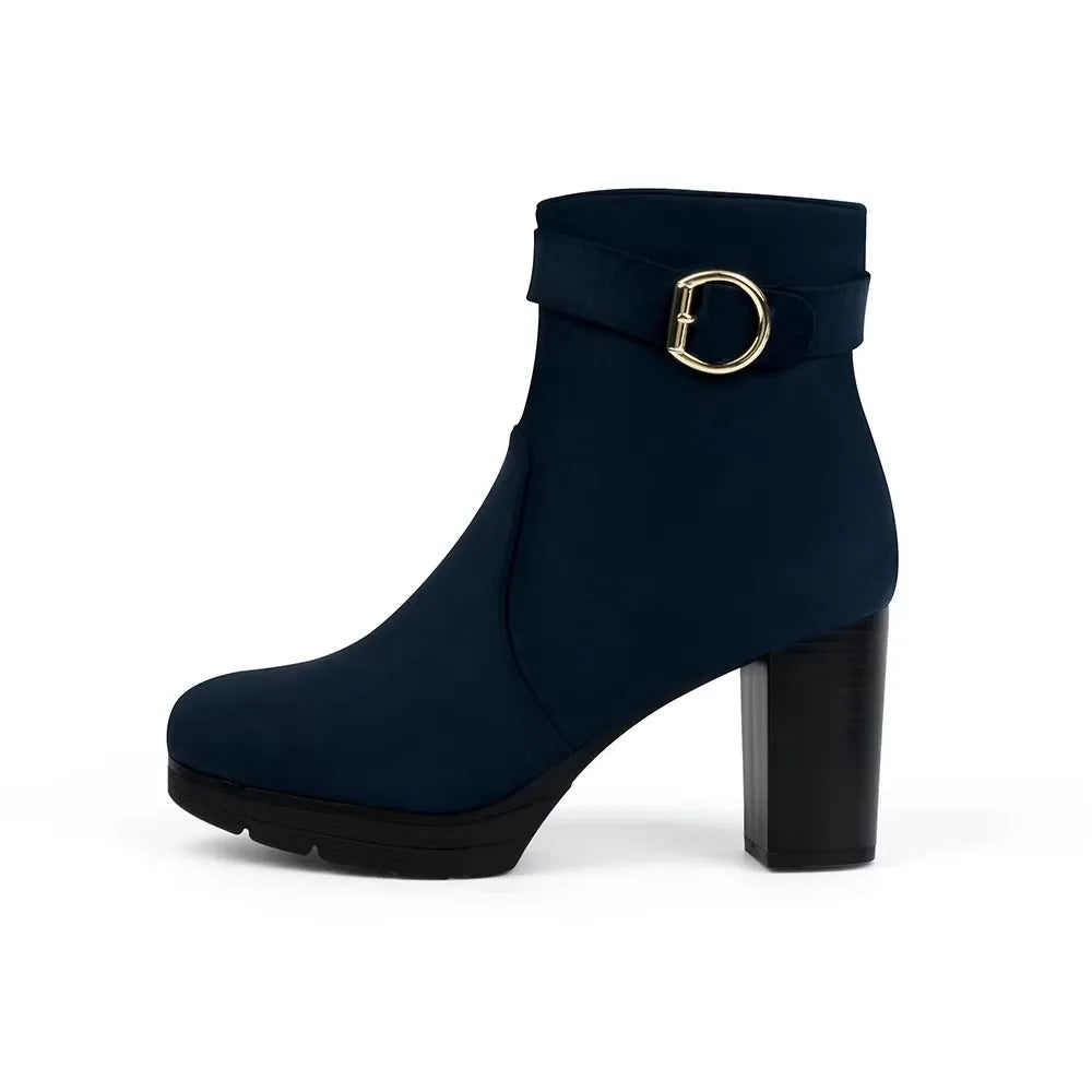 Women's Black Suede Ankle Boots - Chunky Block Heel with Gold Buckle (Stylish Ankle Boots with Side Zipper, Comfortable Low H