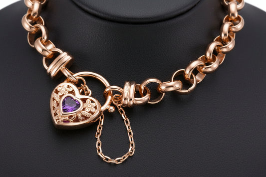 Rose Gold Plated Belcher Chain Bracelet with Purple Filigree Locket | USA Made 9 Inch (22.8 cm)