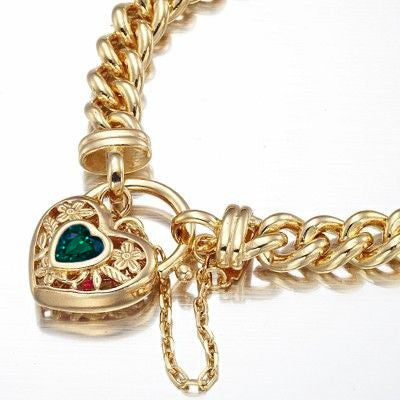 18ct Heavy Yellow Gold Plated  Euro Chain Bracelet with a Green Filigree Locket - USA Made-2