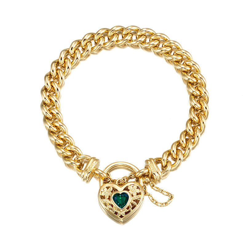 18ct Heavy Yellow Gold Plated  Euro Chain Bracelet with a Green Filigree Locket - USA Made-0