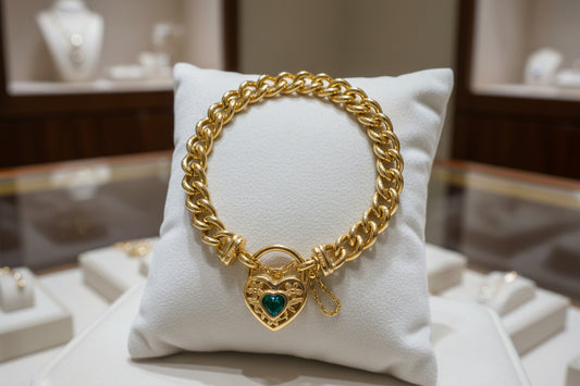 18ct Yellow Gold Plated Euro Chain Bracelet with Green Filigree Locket | USA Made
