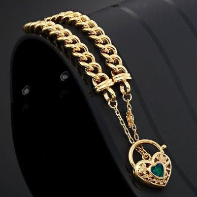 18ct Heavy Yellow Gold Plated  Euro Chain Bracelet with a Green Filigree Locket - USA Made-1