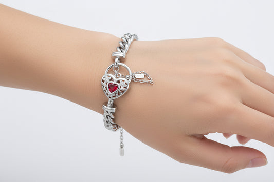 925 Sterling Silver Plated  Euro Chain Bracelet with a Filigree Locket Featuring a Simulated Ruby - USA Made-0