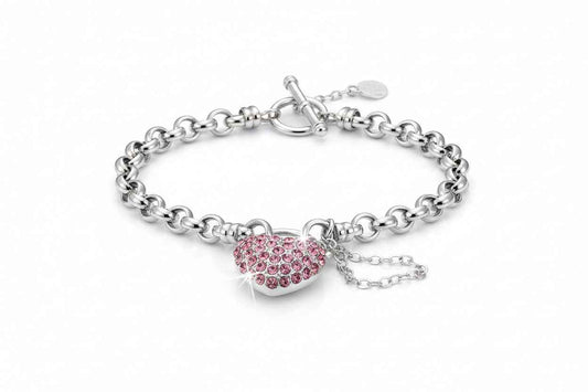 Sterling Silver Heart Locket Bracelet with Pink Swarovski Crystals Pink