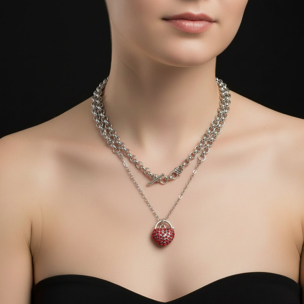 Solid 925 Sterling Silver Belcher Heart Locket Bracelet Featuring 44 Red Crystals by Swarovski®-2