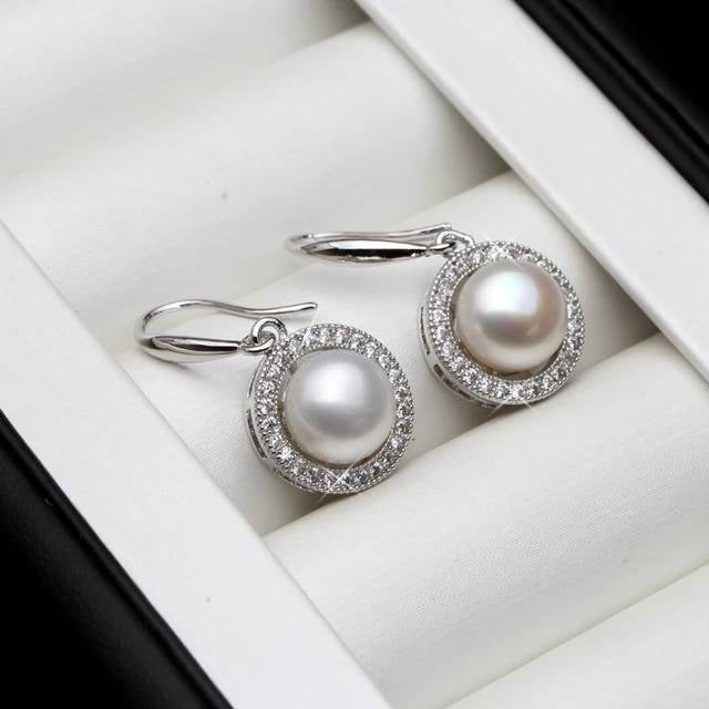 Stunning Royal Simulated Diamond Freshwater Pearl Drop Earrings-0