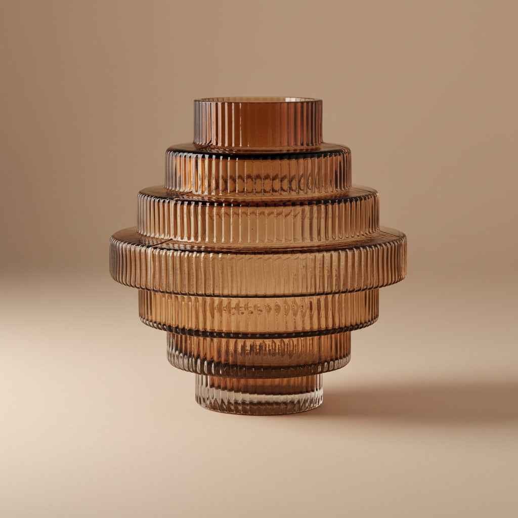 Ribbed Layered Wide Glass Vase - Medium - Amber