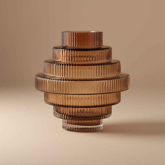 Ribbed Layered Wide Glass Vase - Medium - Amber