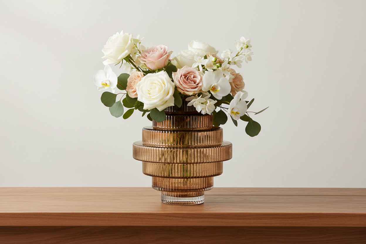 Ribbed Layered Wide Glass Vase - Medium - Amber