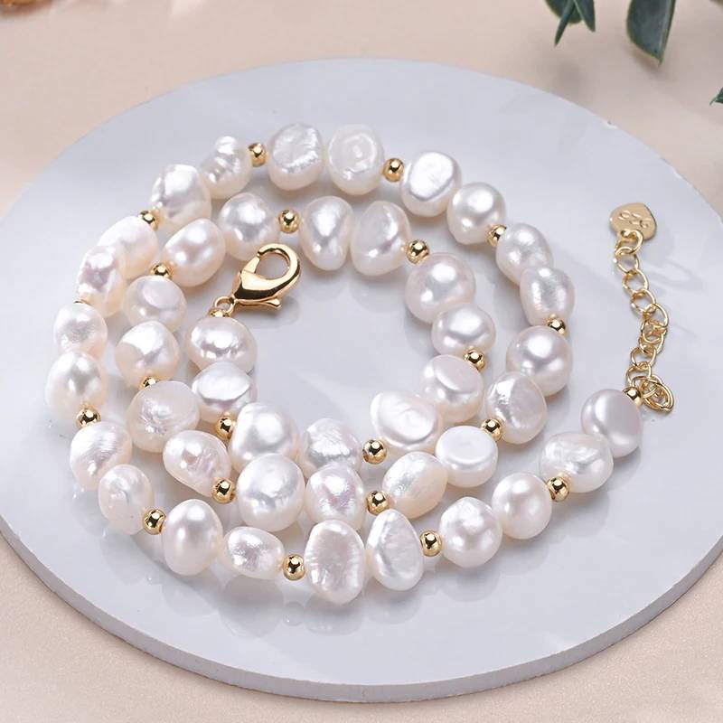 Designer Genuine White Freshwater Pearl Necklace in Gold-2