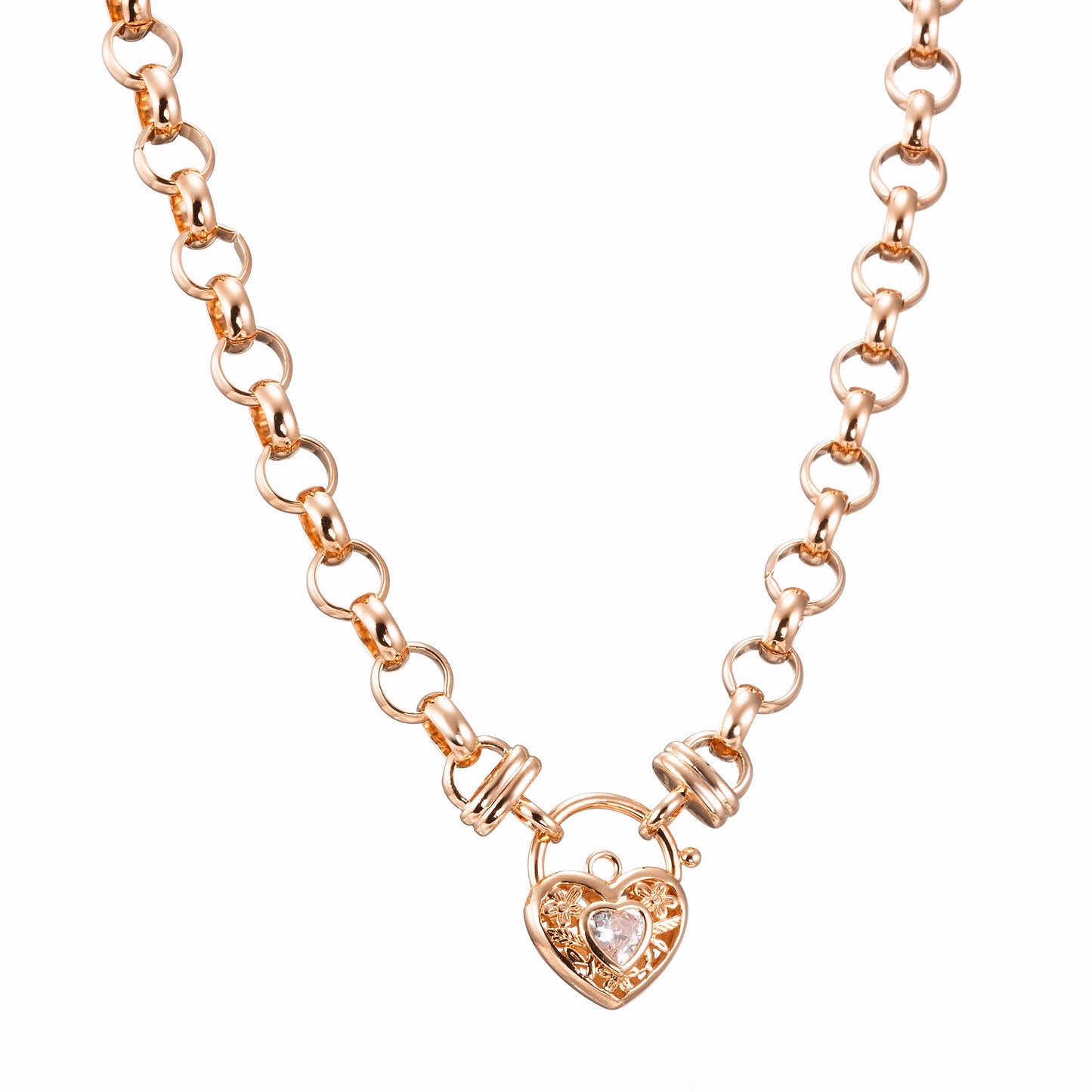 18ct Heavy Rose Gold Plated Belcher Chain Necklace with a Filigree Stoned Locket - USA Made-2