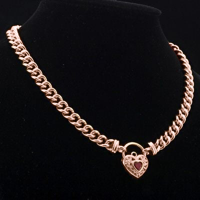18ct Heavy Rose Gold Plated Euro Chain Necklace with a Filigree Locket Featuring a Simulated Ruby - USA Made-1