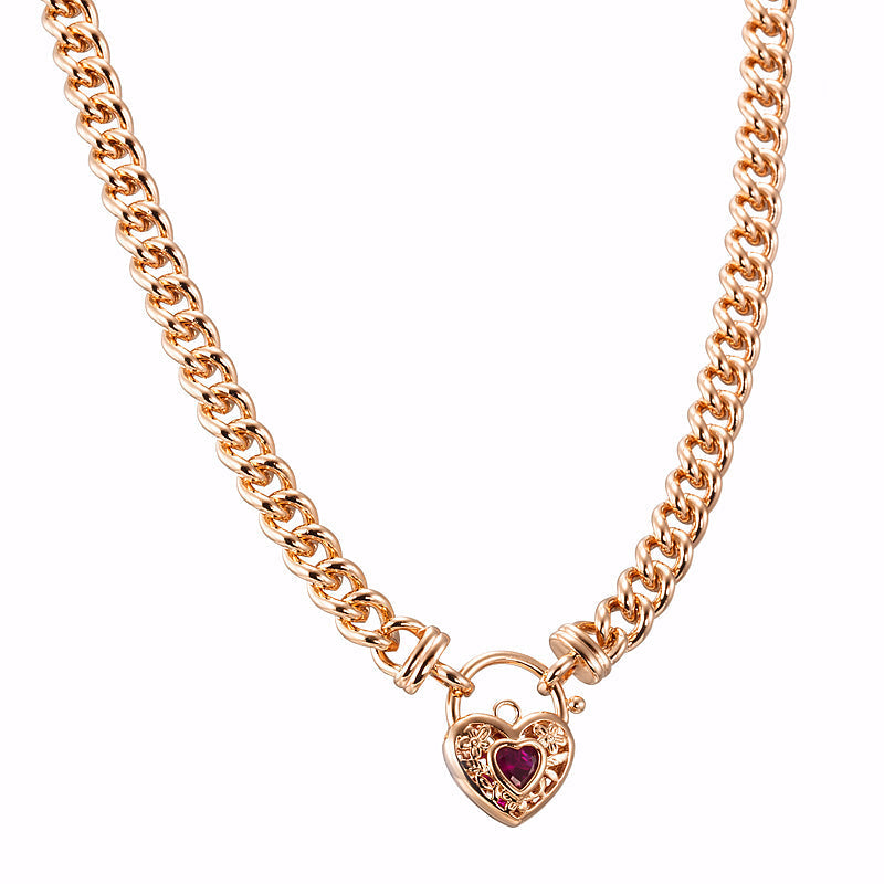 18ct Heavy Rose Gold Plated Euro Chain Necklace with a Filigree Locket Featuring a Simulated Ruby - USA Made-0