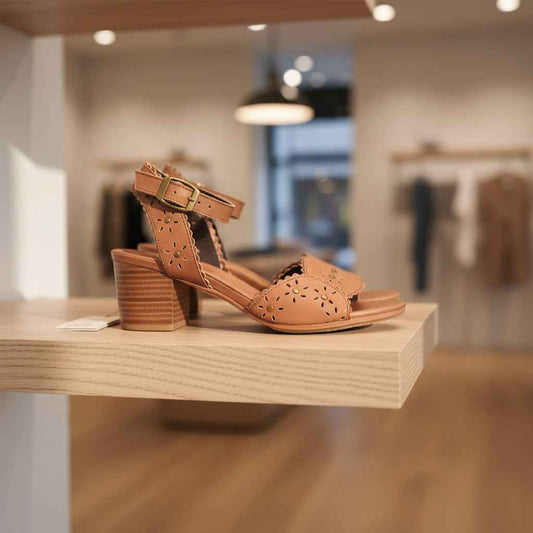 Paloma Leather Heel Sandals - Handcrafted Wooden Heel Vintage Camel