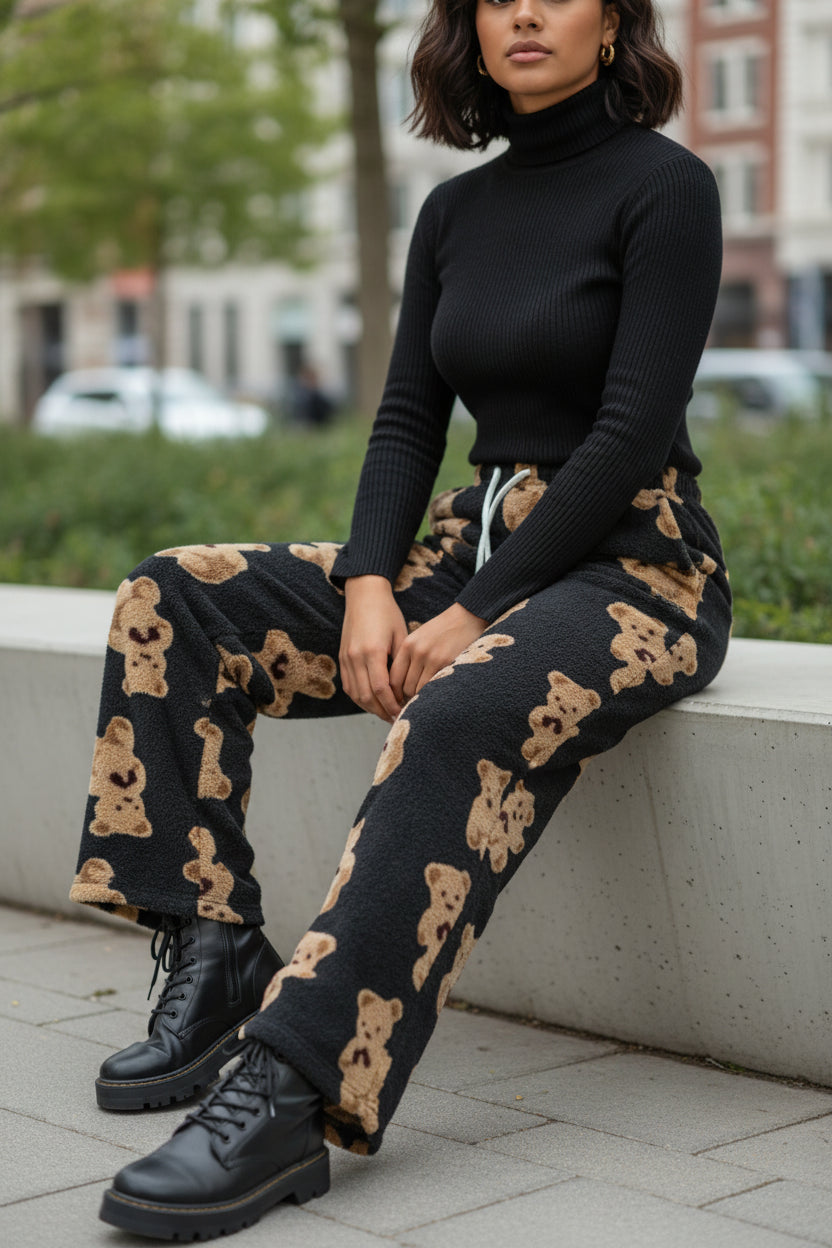 Women's Print Wide Leg Lounge Pants - Elastic Waist Drawstring Casual Trousers Black w brown bears