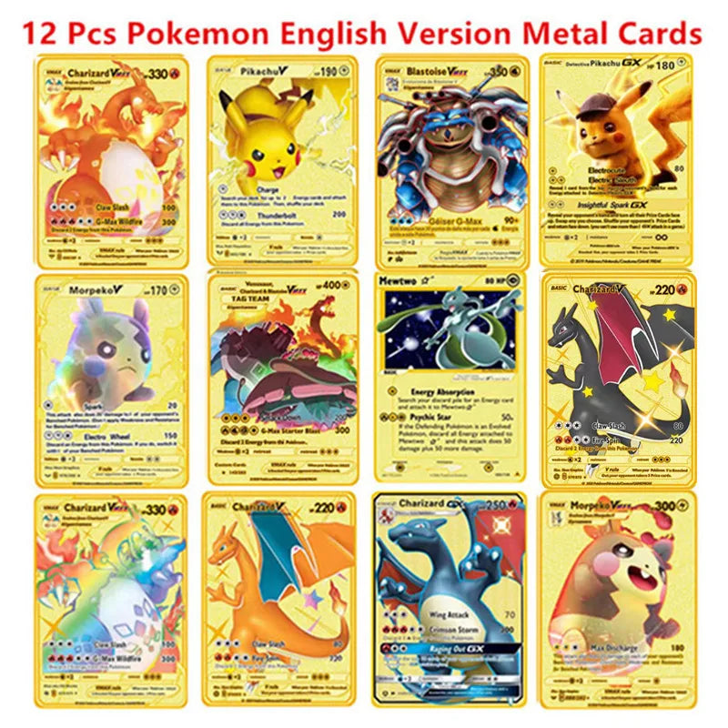 Pokemon English Metal Card Anime Pikachu Charizard Mewtwo Blastoise Vmax Shiny Letters Game Collection Card Kids Toy Gifts - 